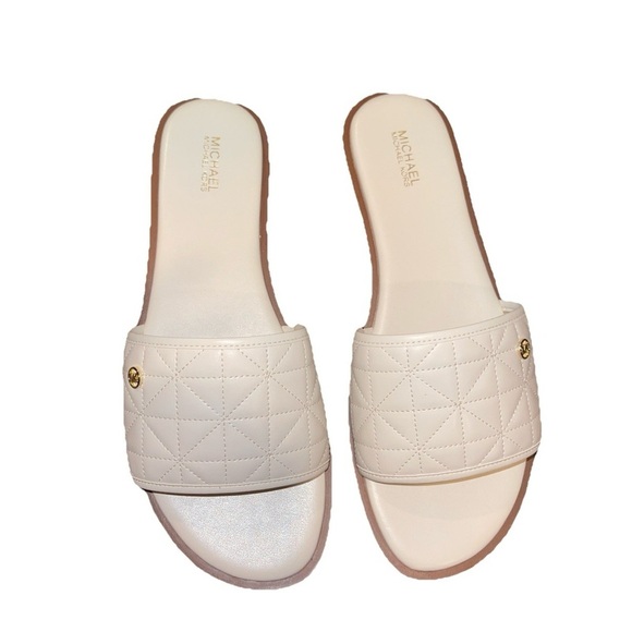 Michael Kors Women's Ivory Quilted Faux Leather Slide Sandals - Picture 1 of 7
